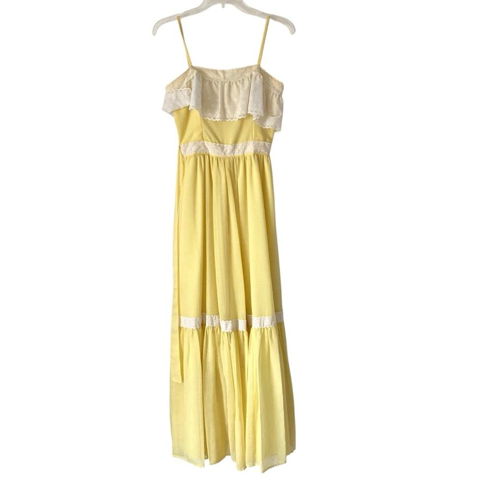 Vintage Handmade Boho Yellow White Lace Trim Ruffle Maxi Dress size small